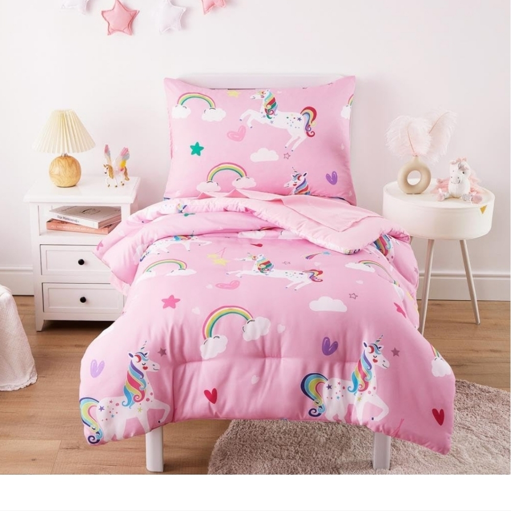 New Wake In Cloud - Rainbow Unicorn Toddler Bedding Set for Girls 4 Pieces